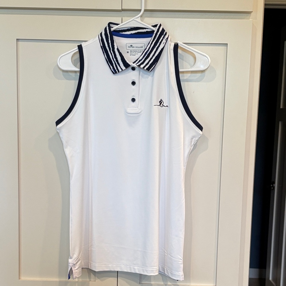 Peter Millar White Golf Polo with Navy Striped Collar